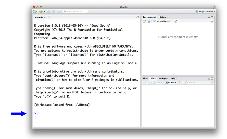 Your computer does your bidding when you type R commands at the prompt in the bottom line of the console pane. Don't forget to hit the Enter key. When you first open RStudio, the console appears in the pane on your left, but you can change this with File > Preferences in the menu bar.