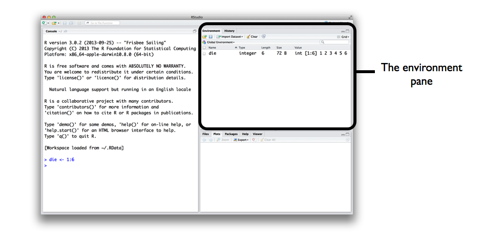 The RStudio environment pane keeps track of the R objects you create.