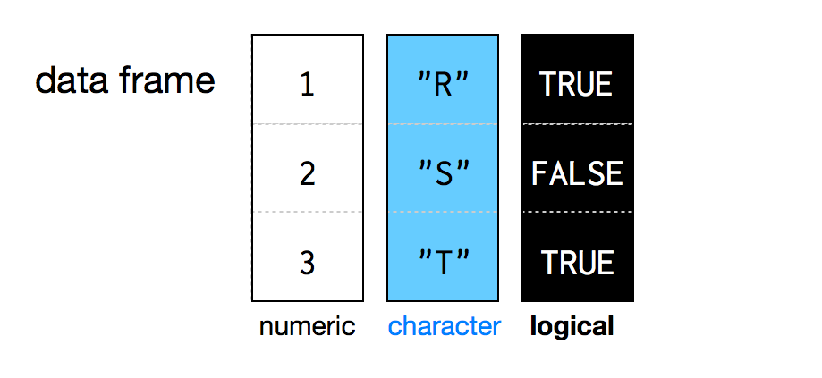 Data frames store data as a sequence of columns. Each column can be a different data type. Every column in a data frame must be the same length.